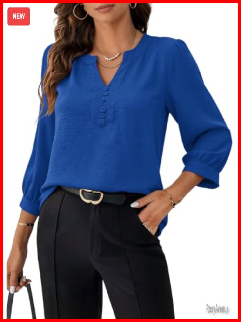 Women's 3/4 Sleeve Blouse V-Neck Pullover Puff Sleeve Top Casual Office
